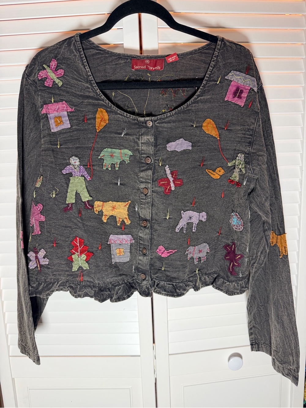Sacred Threads Gray Button-Front Jean Jacket with Multicolor Appliqués